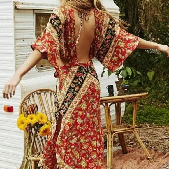 SOLD OUT Red Boho Floral Printed Open Back Maxi Dress - Picture 2 of 6